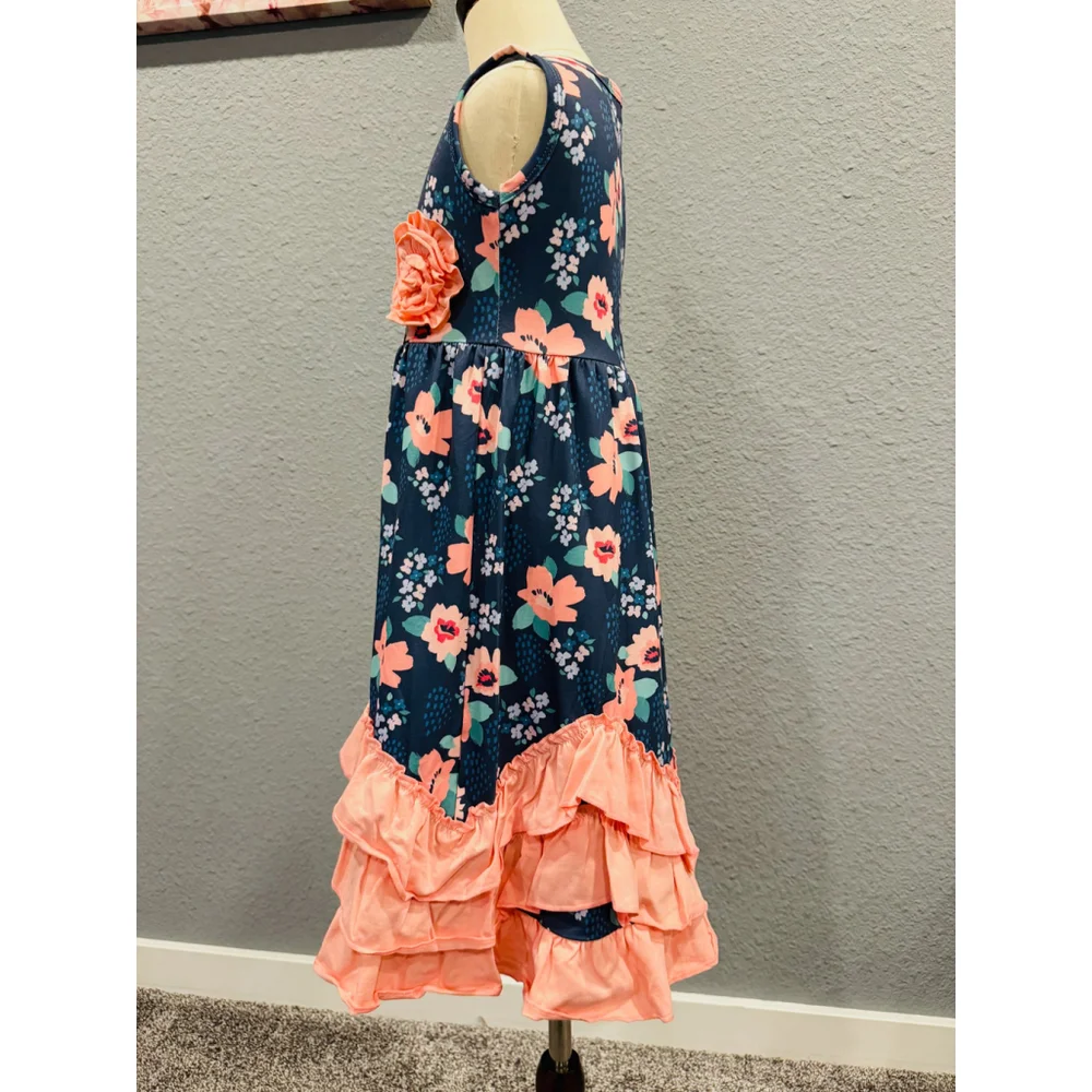 Wellington Designs Girls Navy & Pink Triple Ruffle Maxi Dress, Sz 0/3 - Picture 8 of 9